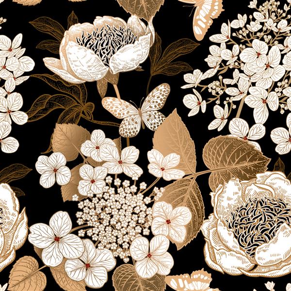 صد تومانی گل ادریس و پروانه گل الگوی بدون درز جذاب طلا و سفید گل برگ شاخه در پس زمینه سیاه و سفید سبک شرقی وکتور هنر تصویر الگو از منسوجات کاغذ