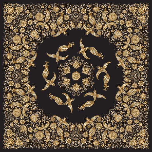 وکتور انتزاعی چاپ طلا طاووس باندانا در زمینه سیاه الگوی گل از گل رز رز طلایی برگ های فانتزی و پرندگان ناز و تزئین شده افسانه ای روسری شال وصله پارچه ای فرش
