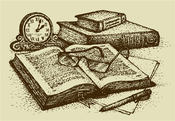 وکتور طبیعت بی جان یک کتاب قدیمی باز شده با نشانک کاغذ و قلم برای یادداشت ها یک دسته کتاب و ساعت عتیقه