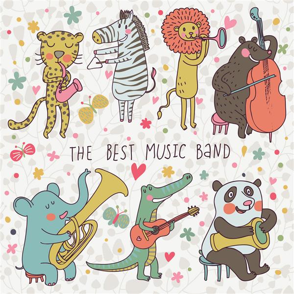 حیوانات - نوازندگان پلنگ گورخر پاندا خرس شیر فیل تمساح با سازهای کلاسیک موسیقی بازی می کنند مجموعه وکتور کارتون