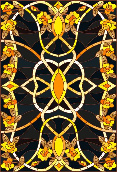 تصویرگری به سبک شیشه های رنگی با تزئینات گل طلای تقلیدی روی زمینه تیره با چرخش و نقوش گل