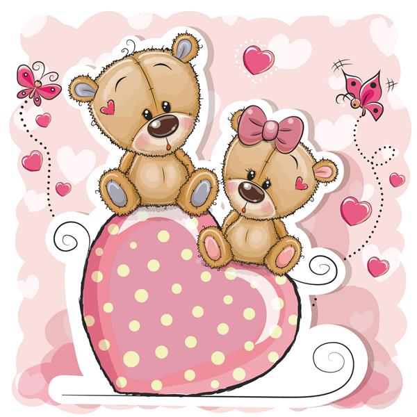 دو خرس کارتونی روی یک قلب روی زمینه صورتی نشسته است
