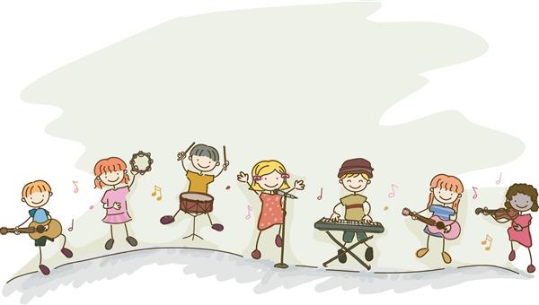 تصویری از کودکان چند نژادی که با سازهای مختلف موسیقی بازی می کنند