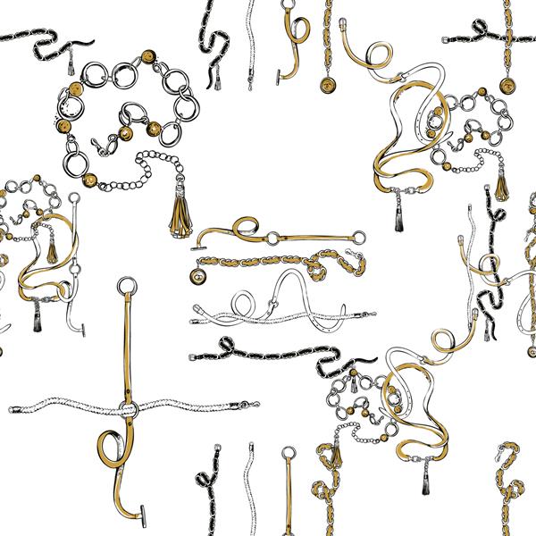 الگوی مد با کمربندهای چرمی متقاطع بندهای زنجیری طرح دستی بدون طرح نقاشی شده بر روی زمینه سفید طرح پارچه ای برای شال و روسری