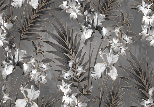الگوی سیاه و سفید بدون درز گل با گلهای گل ارکیده و زنبق