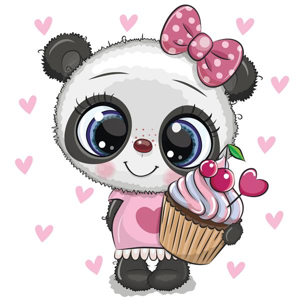 کارتون ناز پاندا با کیک کوچک در زمینه قلب