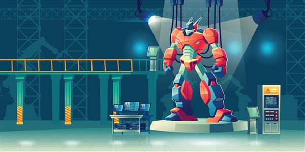 ترانس ربات نبرد در آزمایشگاه علوم رباتیک و فن آوری های هوش مصنوعی سایبورگ جنگ نظامی شخصیت اسکلت بیرونی جنگجوی سایبرنتیک بیگانه تصویر وکتور کارتونی