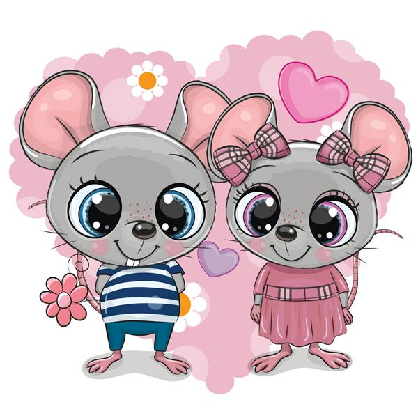دو موش کارتونی زیبا در زمینه قلب