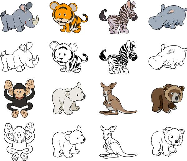 مجموعه ای از تصاویر کارتونی حیوانات وحشی نسخه های رئوس مطالب سفید و رنگی و سیاه