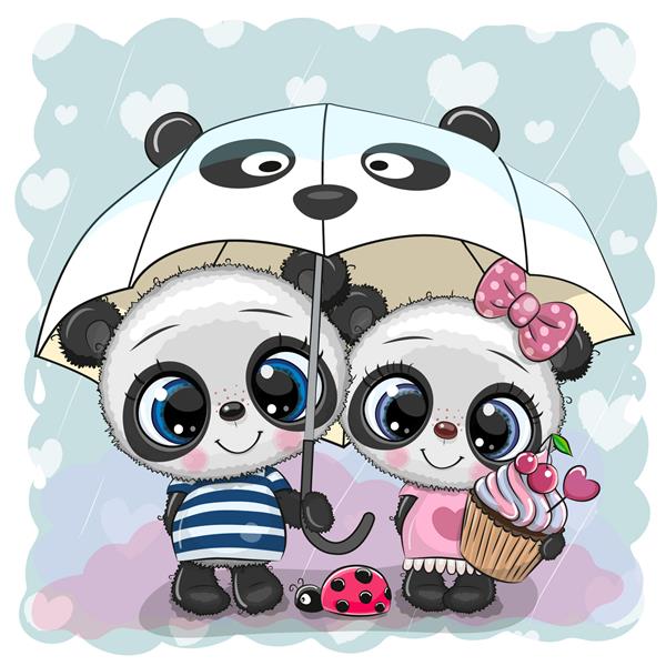 دو پاندای کارتونی زیبا با چتر زیر باران