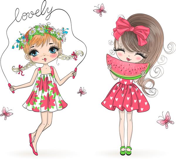 دختران کوچک زیبا و دو دست کشیده طناب پرنده با گل هندوانه و پروانه تصویر برداری