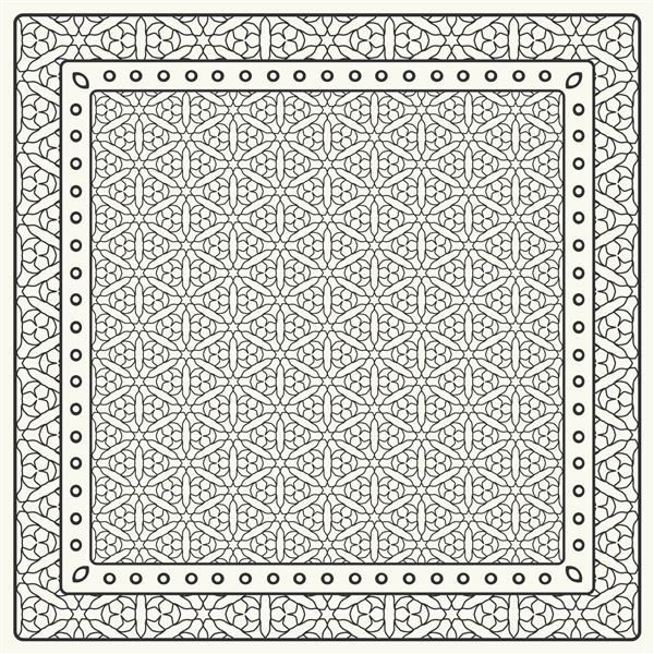 الگوی گرافیکی انتزاعی سیاه و سفید تزئین هندسی با قاب حاشیه هنر خط توری زمینه گلدوزی طرح باند شال روسری سفره برای چاپ پارچه پارچه ای