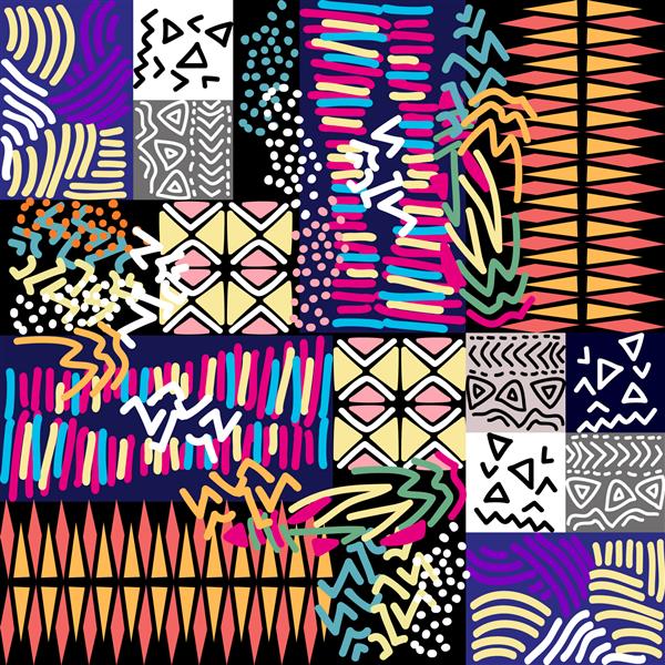 چاپ هنر قبیله ای الگوی وکتور بدون درز با الهام از پارچه آفریقایی مجموعه طراحی قومی وصله های رنگارنگ