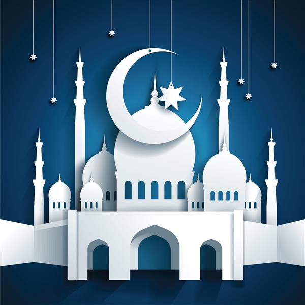 مسجد و هلال ماه 3 بعدی با ستاره ها - زمینه رمضان کریم یا رمضان کریم - سبک کاردستی کاغذی - وکتور