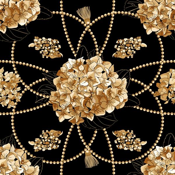 زنجیرهای درخشان فلز طلا با گل های هورنسیا بدون درز تصویرگری مد طراحی انتزاعی الگوی بدون درز گردنبند و گلهای الیافی روی زمینه سیاه