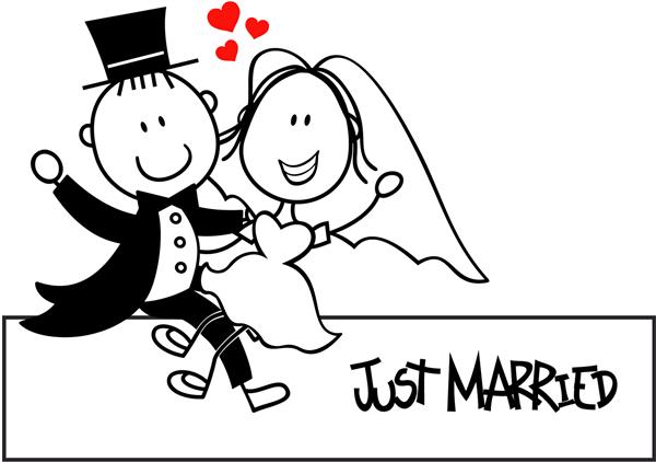 کارتون زن و شوهر عروس جدا شده روی پس زمینه سفید ایده آل برای دعوت عروسی خنده دار ویرایش قالب بسیار آسان اشیا individual جداگانه