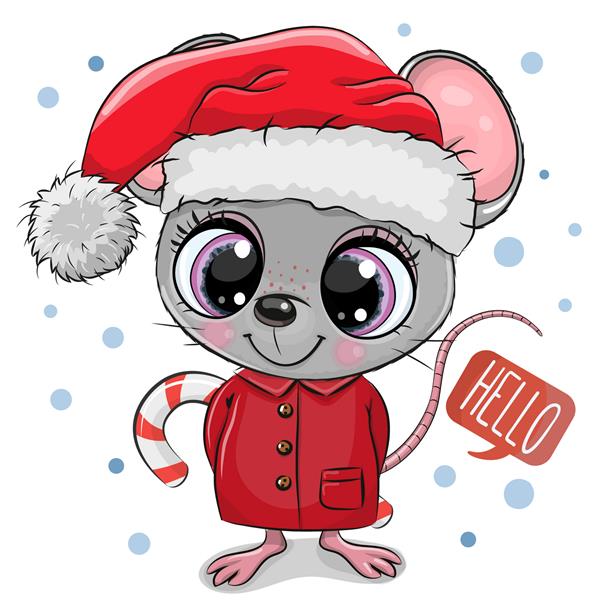 موش کارتونی ناز با کلاه سانتا روی زمینه سفید