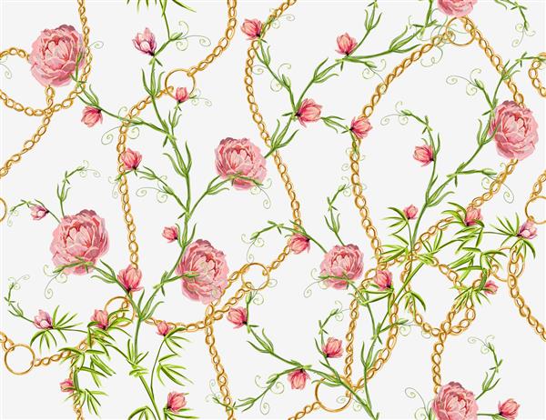 وکتور زیبا و یکپارچه بهار الگوی تابستان با زنجیر گل های رز صورتی ژاپنی گل مگنولیا الگوی عمودی بدون درز