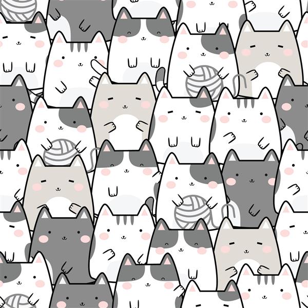 الگوی یکپارچه گربه های ناز کاوایی پس زمینه حیوانات کارتونی تصویر برداری