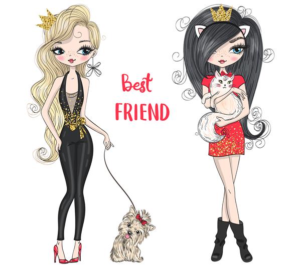 دختران کارتونی زیبا و زیبا با دو سگ و گربه تصویر برداری