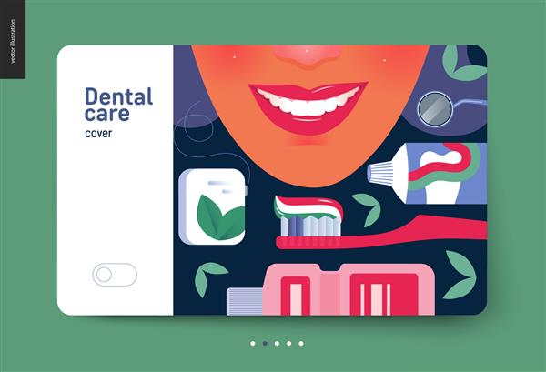 الگوی بیمه پزشکی - مراقبت از دندانپزشکی - مفهوم مدرن وکتور مسطح تصویر دیجیتال دندان های سالم - زن خندان با نخ دندان نعناع مسواک خمیر دندان دهان شویه ابزار دندانپزشک