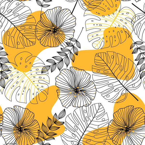 الگوی یکپارچه انتزاعی با برگ و گل پس زمینه وکتور تصویر برای پارچه چاپ و تصویر زمینه شکل ها و برگ های هندسی زرد بر روی زمینه ای روشن جنگل عجیب گیاه شناسی