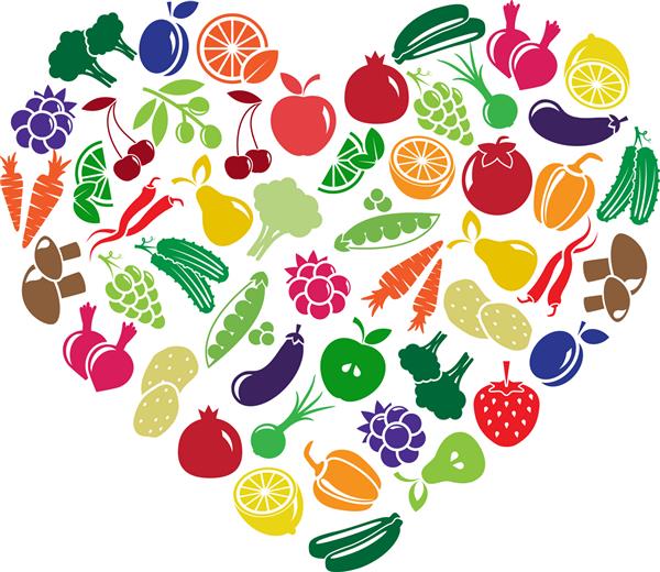 قلب وکتور ساخته شده از میوه ها و سبزیجات