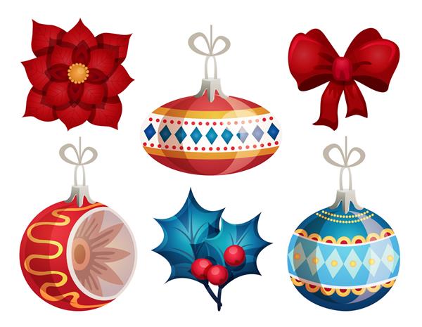 طراحی وکتور سال نو و کریسمس مبارک با عناصر و اشیای تزئینی اسباب بازی های کریسمس برگ های آبی توت های قرمز روبان و گل کریسمس - برای پوستر بنر کارت