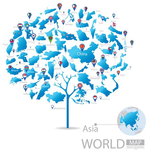 طراحی درخت کشورها در آسیا پرچم تصویر وکتور از نقشه جهان