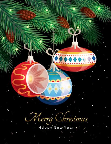 کارت تبریک با شاخه های صنوبر و اسباب بازی های زیبا و متن کریسمس و سال نو مبارک بر روی زمینه سیاه کانسپت طراحی برای یک بنر پوستر جشن تصویر برداری
