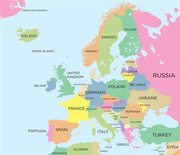 نقشه سیاسی رنگی وکتور اروپا