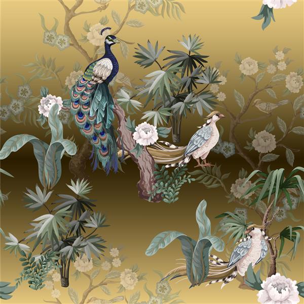 الگوی یکپارچه در سبک شیرینی سازی با حواصیل طاووس پرندگان و گل صد تومانی وکتور