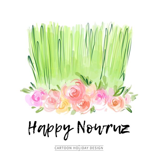 طرح کارت تبریک وکتور تعطیلات نوروز سامانی چمن سبز با تصویر آبرنگ گلهای بهاری انتزاعی دکوراسیون سال نو ایرانی ایرانی نوروز