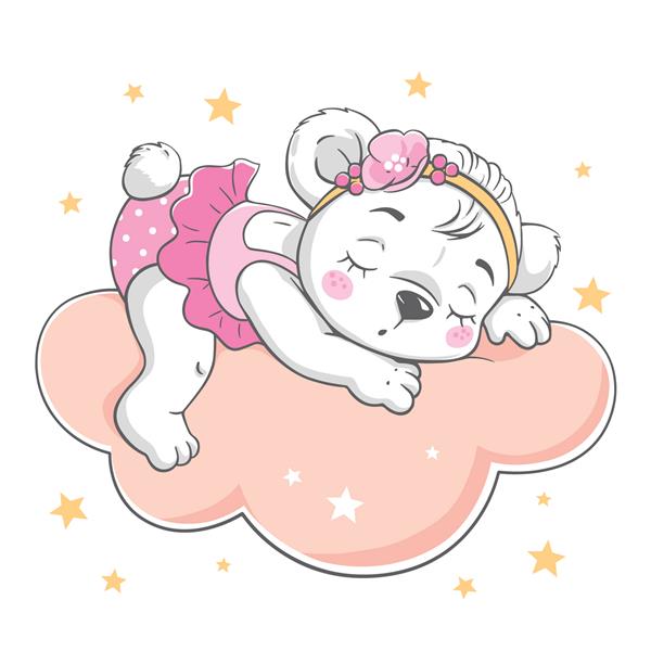 تصویر وکتور از یک خرس بچه ناز روی ابر در میان ستاره ها خوابیده است