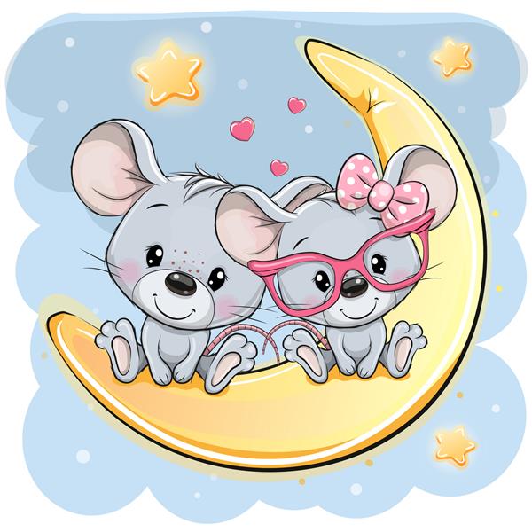 دو موش کارتونی زیبا روی ماه نشسته اند