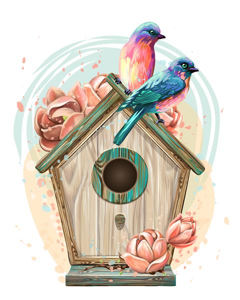 خانه پرنده ای با گل و پرندگان برچسب دیواری تصویری هنری رنگی و دستی از یک خانه پرستاری با پرندگان و گلها به سبک آبرنگ روی زمینه سفید