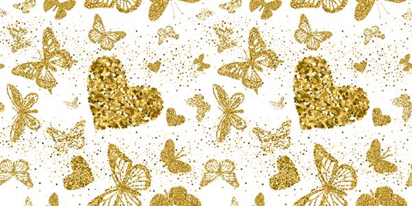 پروانه ها و قلب های طلایی با الگوی یکپارچه شیرینی با طلا روی زمینه سفید برای روز ولنتاین دعوت نامه های عروسی کارت ها مارک تجاری بنر طراحی مفهومی تصویر برداری