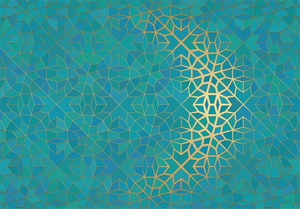 پس زمینه انتزاعی با تزئینات اسلامی بافت هندسی عربی نقاشی کاشی کاری شده طلایی روی زمینه رنگی با سبک شیشه های رنگی