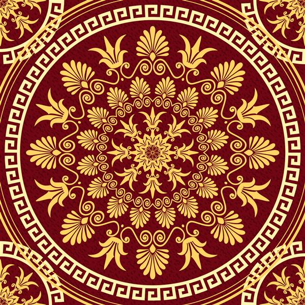 وکتور یکدست توری زیبا و توری تزئینی تزیین یونانی و الگوی گل در زمینه قرمز
