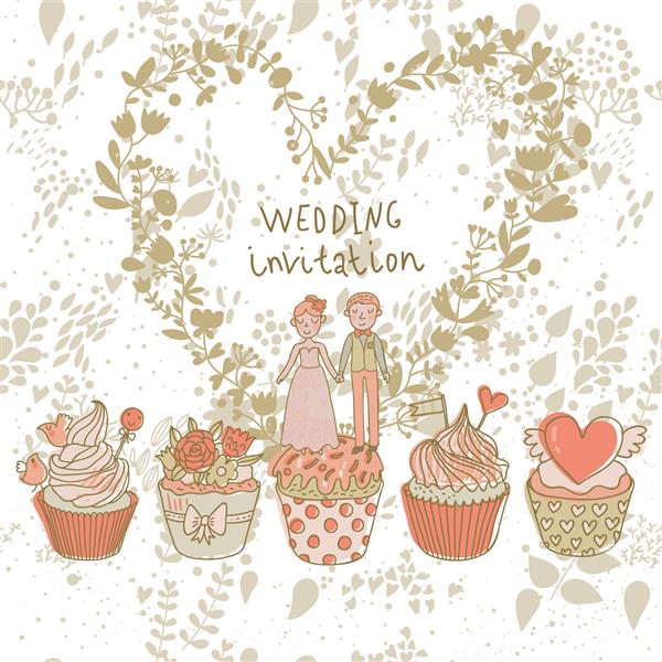 کارت عاشقان و کیک های کوچک روی قلب ساخته شده از گل ها به سبک جذاب زمینه عاشقانه خوشمزه در رنگ های صورتی
