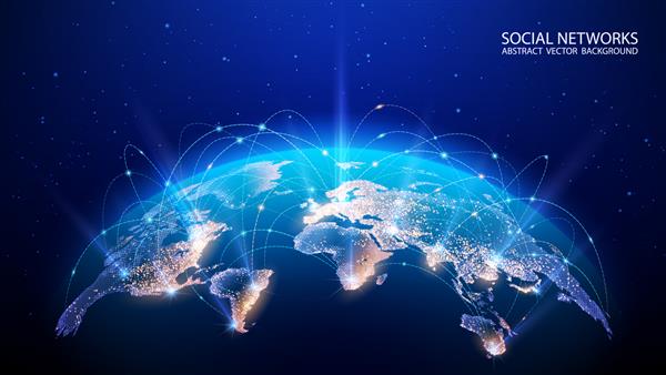 وکتور نقشه کره زمین نقشه جهان شبکه اجتماعی جهانی آینده زمینه آبی آینده با سیاره زمین اینترنت و فناوری زمینه هندسی شبکه آبی شناور