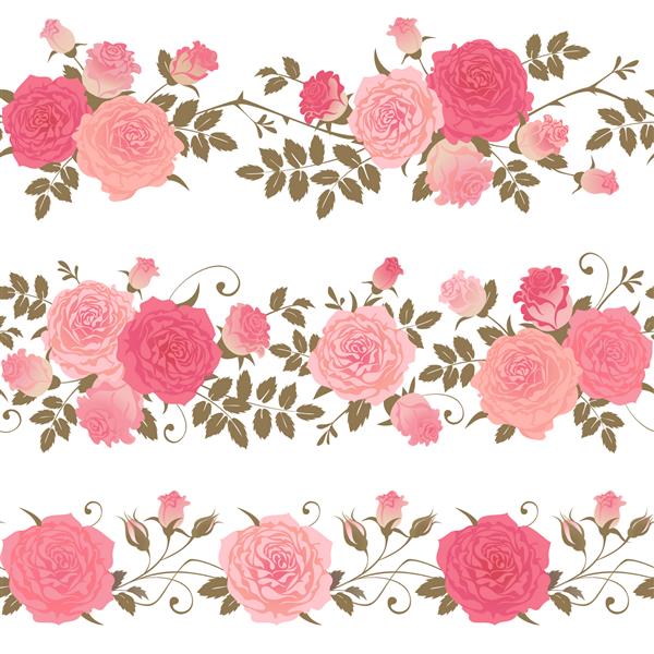 مجموعه ای از الگوهای گل افقی بدون درز شاخه های گل رز قرمز در زمینه سفید وکتور حاشیه با گلهای رز کوهنوردی