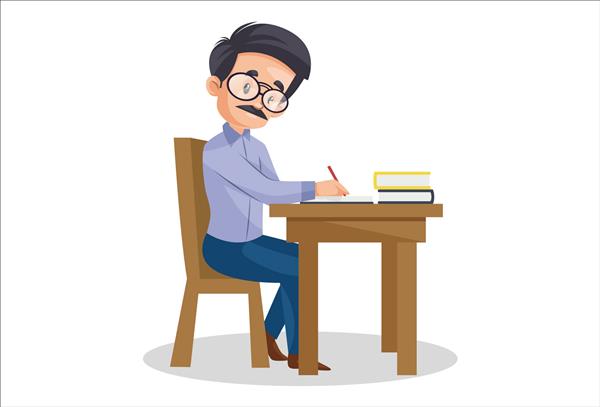 تصویر گرافیکی وکتور معلم مرد هندی روی صندلی نشسته و دفترهای دفتر را چک می کند به صورت جداگانه روی زمینه سفید