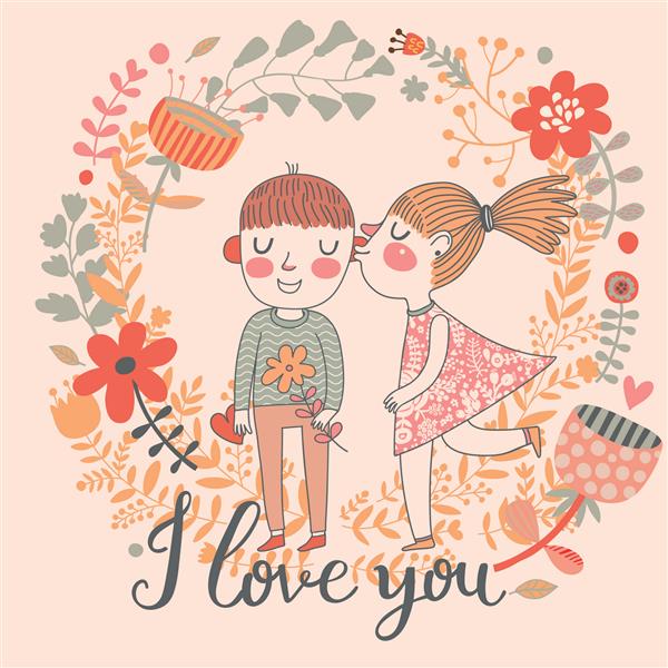 دوستت دارم - کارتون کارتونی مفهومی روشن بوسه آرام در گلها دختر و پسر در پس زمینه عاشقانه در رنگ های تابستانی