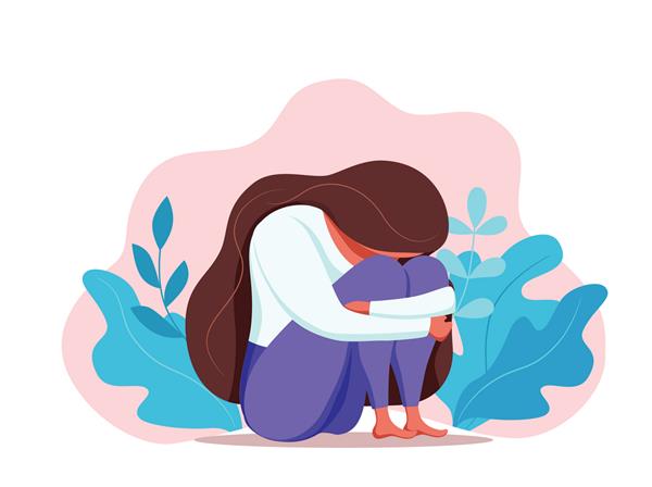 افسرده زن غمگین تنها در اضطراب غم و اندوه تصویر کارتونی مفهوم تنهایی افسردگی در حالی که دختر استرس نشسته و زانوها را نگه داشته است نیاز به کمک روان درمانی همدلی حمایت دارد
