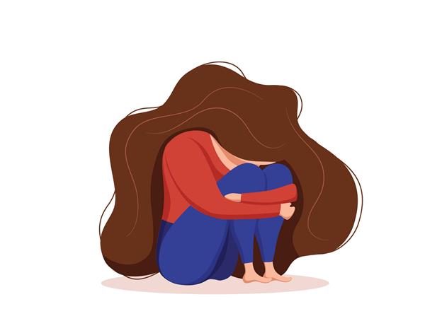 افسرده زن غمگین تنها در اضطراب غم و اندوه تصویر کارتونی مفهوم تنهایی افسردگی در حالی که دختر استرس نشسته و زانوها را نگه داشته است نیاز به کمک روان درمانی همدلی حمایت دارد