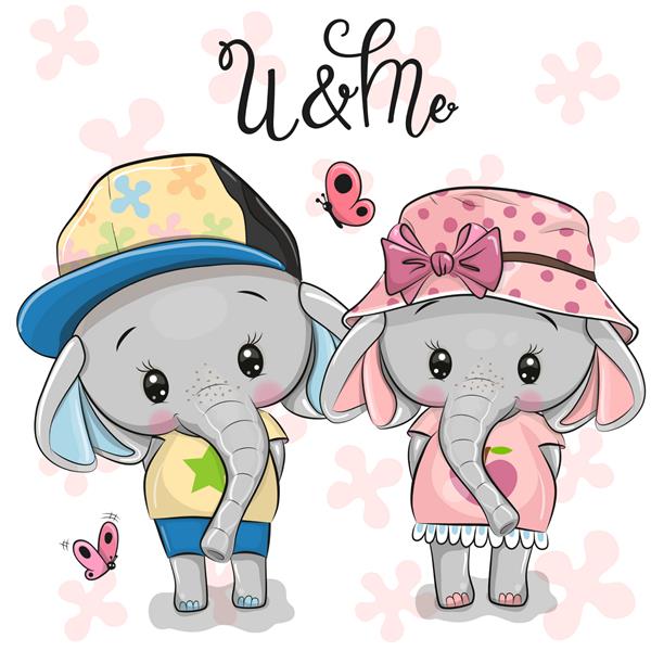 دو فیل کارتونی ناز در زمینه گل صورتی
