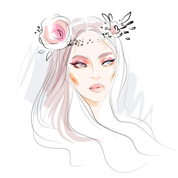 آرایش صورت زن جوان و زیبا با گلهای رز در طرح نقاشی آبرنگ موهایش تصویر مد دستی