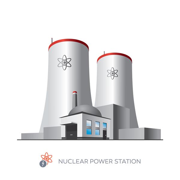 نماد جدا شده نیروگاه هسته ای در پس زمینه سفید به سبک کارتونی
