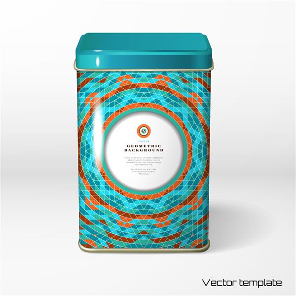 شی وکتور بسته بندی قلع مربعی چای قهوه محصولات خشک زینت هندسی چند رنگ قاب دور متن شما